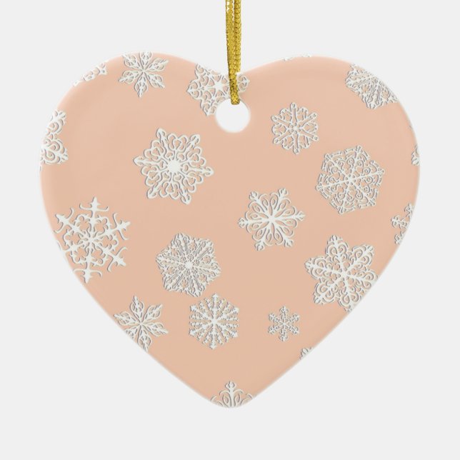 White 3-d snowflakes on a peach background ceramic tree decoration (Front)