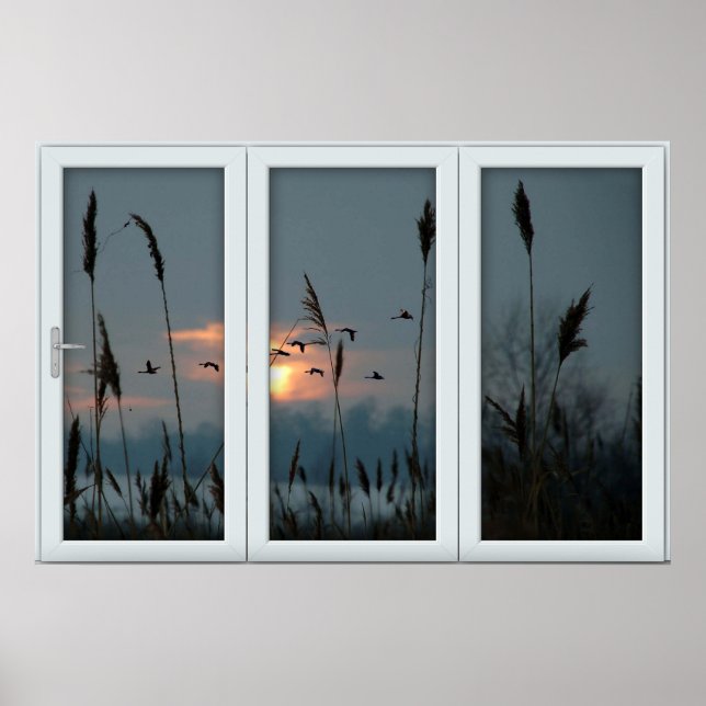 White 3 Pane Window Illusion Flock of Birds Poster (Front)