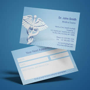 White 3D Caduceus Blue Design Medical  Appointment Card