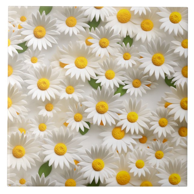 White 3D Daisy Seamless Pattern Ceramic Tile (Front)
