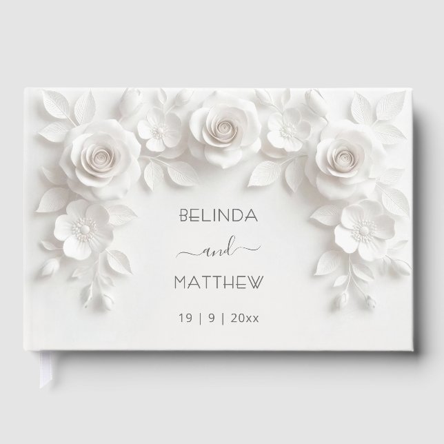 White 3D Floral Roses | Wedding Guest Book (Front)