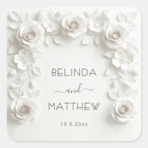 White 3D Floral Roses Wedding Square Sticker