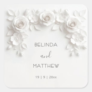 White 3D Floral Roses   Wedding Square Sticker