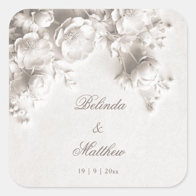 White 3D Floral Roses | Wedding Square Sticker (Front)