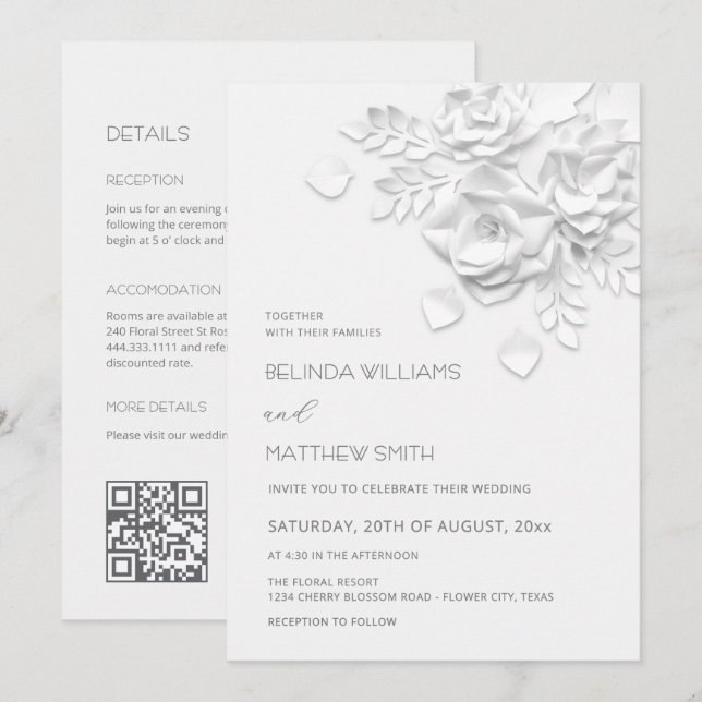 White 3D Flowers All-In-One Wedding  Invitation (Front/Back)