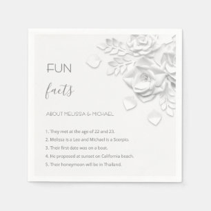 White 3D Flowers Roses Fun Facts Wedding Napkin