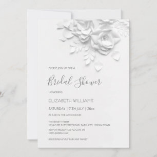 White 3D Flowers Roses Minimalist Bridal Shower  Invitation