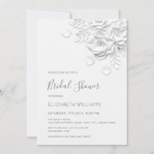 White 3D Flowers Roses Minimalist Bridal Shower  Invitation