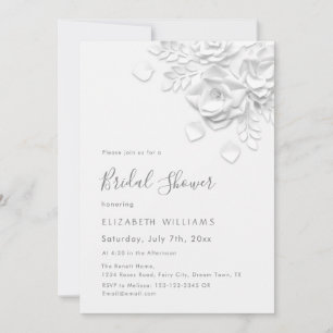 White 3D Flowers Roses Minimalist Bridal Shower  Invitation