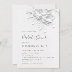 White 3D Flowers Roses Minimalist Bridal Shower Invitation
