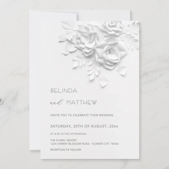 White 3D Flowers Roses Minimalist Wedding Invitati Invitation (Front)