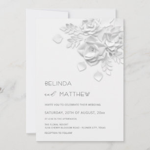 White 3D Flowers Roses Minimalist Wedding  Invitation