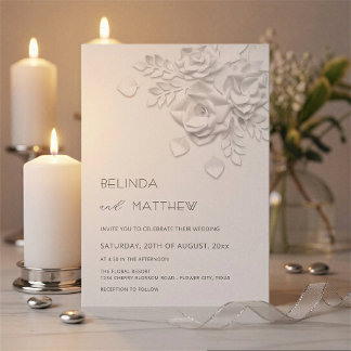 White 3D Flowers Roses Minimalist Wedding Invitation