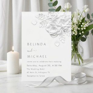 White 3D Flowers Roses Minimalist Wedding Invitation