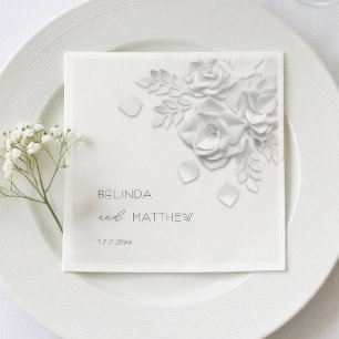 White 3D Flowers Roses Minimalist Wedding Napkin