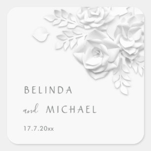 White 3D Flowers Roses Minimalist Wedding Square Sticker