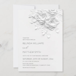 White 3D Flowers Roses Simple Wedding Invitation
