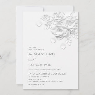 White 3D Flowers Roses Simple Wedding Invitation