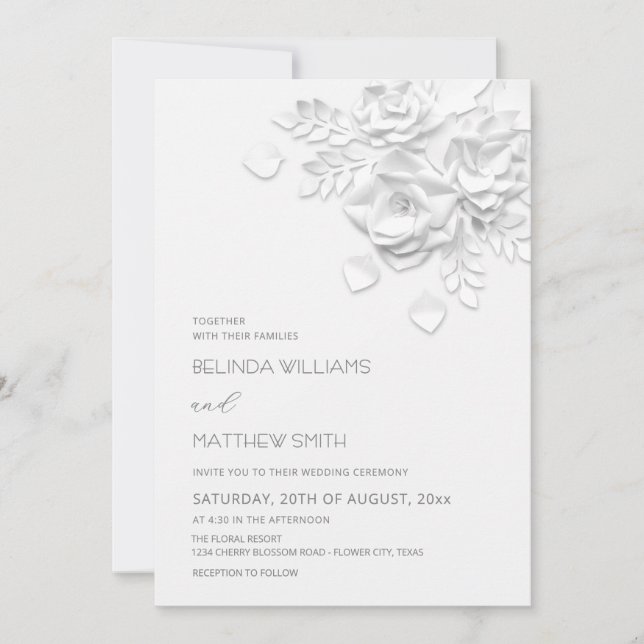 White 3D Flowers Roses Simple Wedding Invitation (Front)