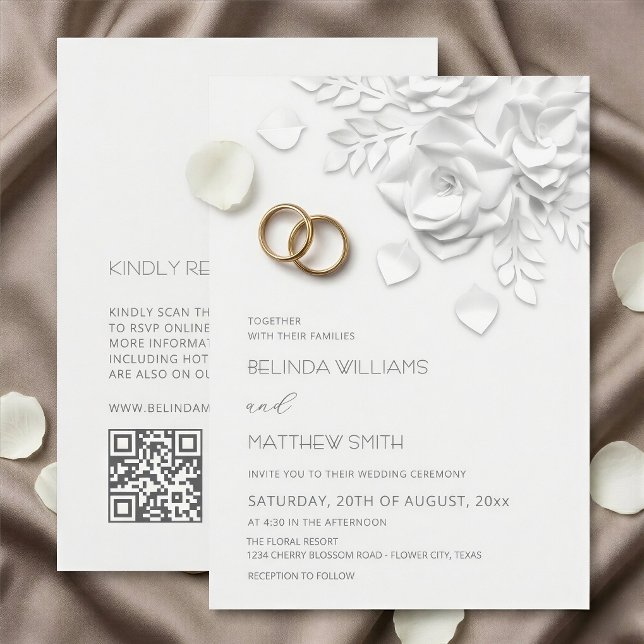 White 3D Flowers Roses Simple Wedding Invitation (Creator Uploaded)
