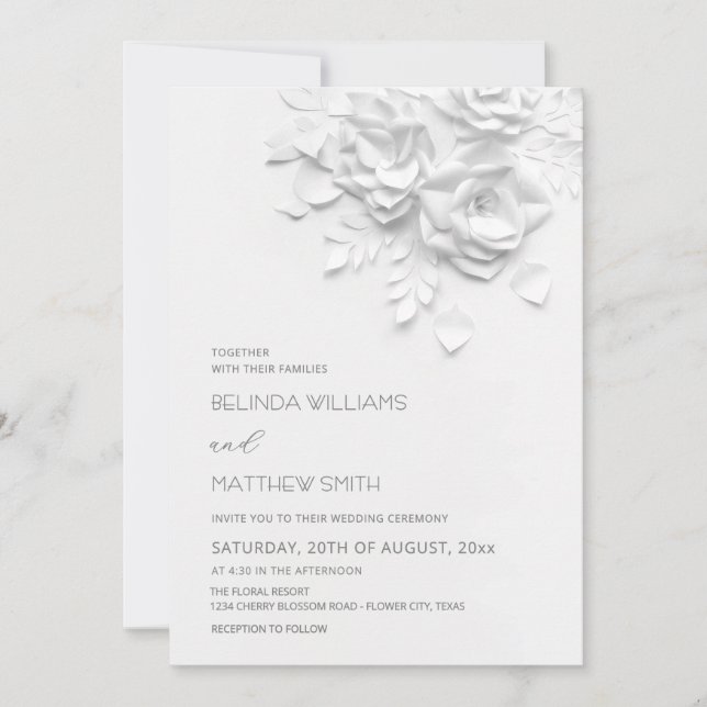 White 3D Flowers Roses Simple Wedding Invitation (Front)