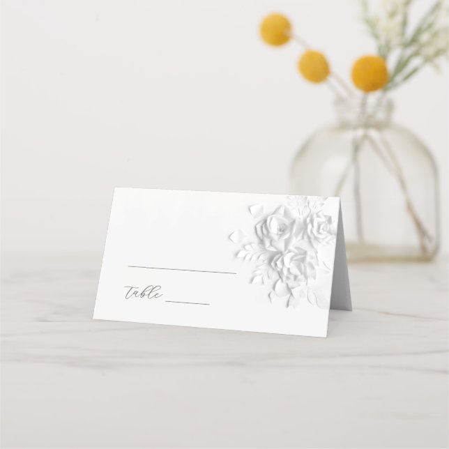 White 3D Flowers Wedding Place Card (Front)