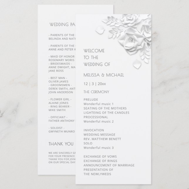 White 3D Roses Floral  Program (Front/Back)