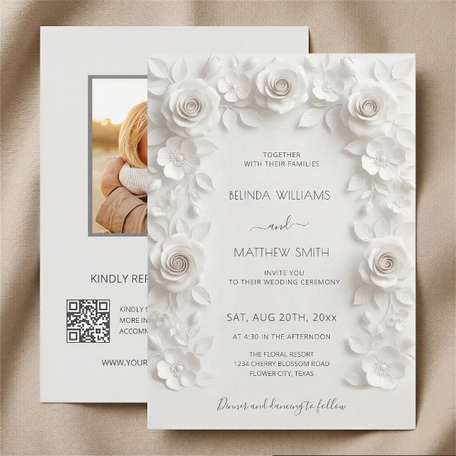 White 3D Roses Frame Wedding Minimalist Invitation (Creator Uploaded)