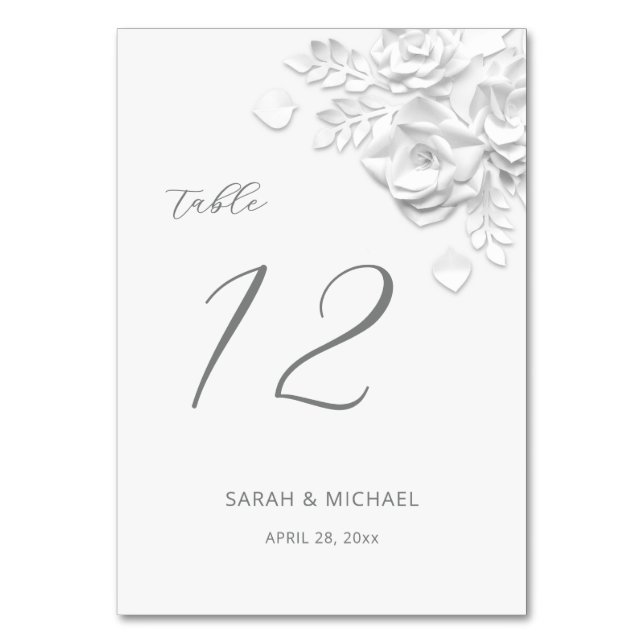 White 3D Roses Wedding  Table Number (Front)