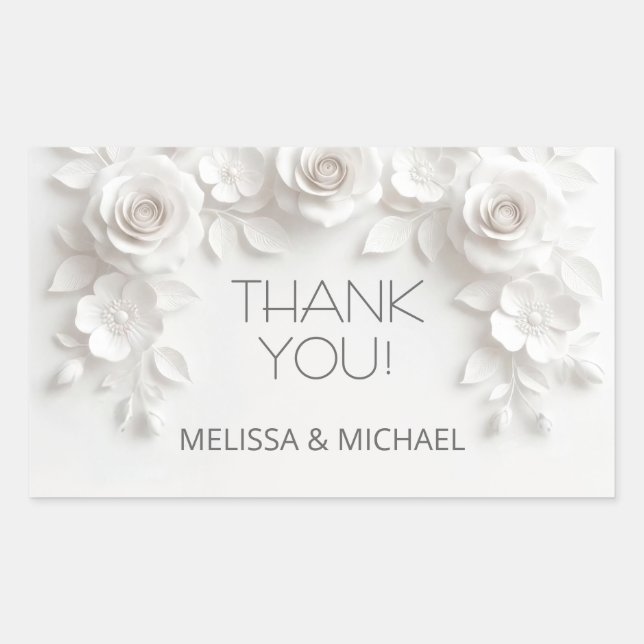 White 3D Roses Wedding Thank You Rectangular Sticker (Front)