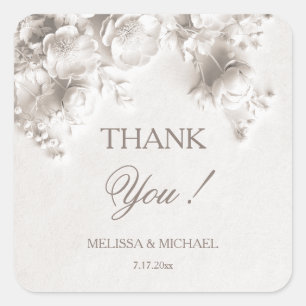 White 3D Roses Wedding Thank You Square Sticker