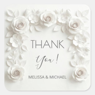 White 3D Roses Wedding Thank You Square Sticker