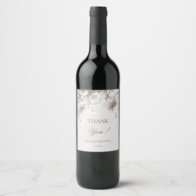White 3D Roses Wedding Thank You Wine Label (Front)