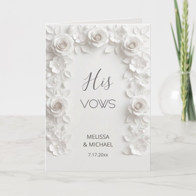 White 3D Roses Wedding Vow Card (Front)