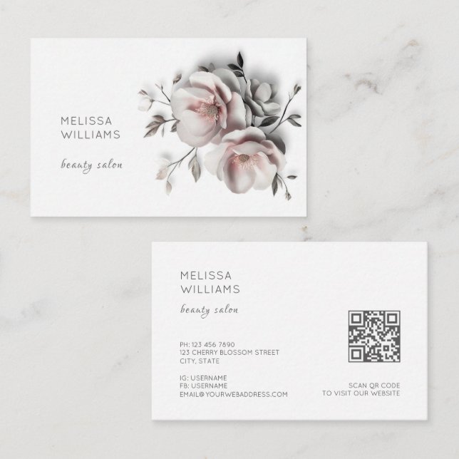 White 3D Simple Flowers Business Card (Front/Back)
