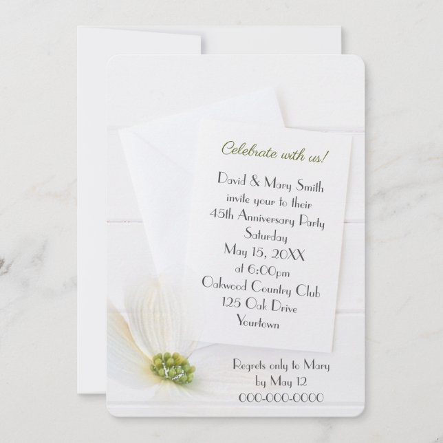 White 45th Anniversary Party Cosmos on White Wood Invitation (Front)