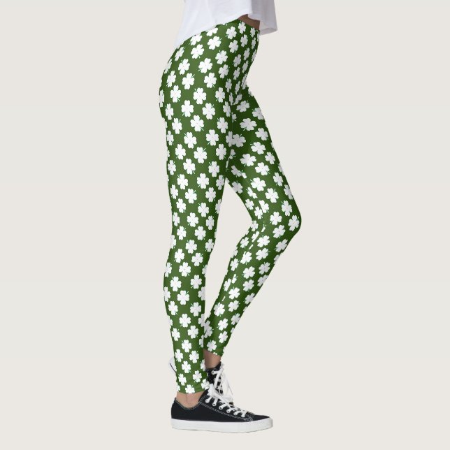 White 4 Leaf Clover Pattern on DARK GREEN Leggings (Right)
