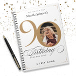 White 90th Birthday Gold Elegant Script Guestbook Notebook<br><div class="desc">White 90th Birthday Gold Elegant Script Guestbook notebook. And elegantly designed special birthday celebration, featuring a custom photo of birthday person and script calligraphy with vintage flourish elements. Add photo inserts to this binder to make it a wonderful album to store all your photos and memories of the celebration! Need...</div>