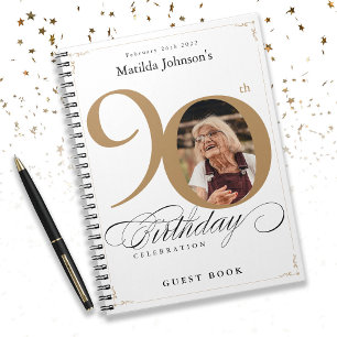 White 90th Birthday Gold Elegant Script Guestbook Notebook