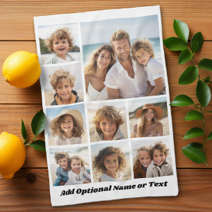 White 9 Photo Square Collage - with script black Tea Towel