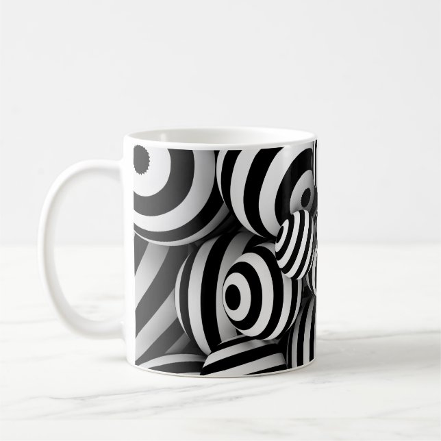 White abstract background with balls and black lin coffee mug (Left)