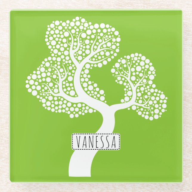 White abstract circle tree and name, lime green glass coaster (Front)