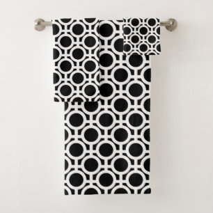 White Abstract Circles on Black Bath Towel Set