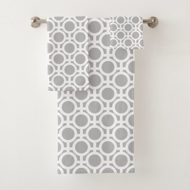White Abstract Circles on Light Silver Grey Bath Towel Set (Insitu)