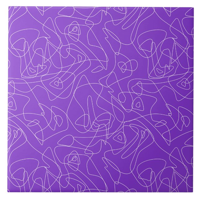 white abstract curved lines on a purple background ceramic tile (Front)