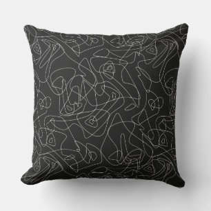 White abstract doodles on dark black background cushion
