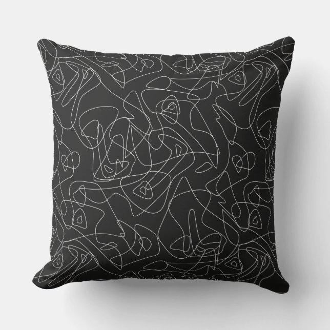 White abstract doodles on dark black background cushion (Front)
