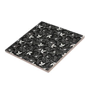 White Abstract Floral in Black Background Ceramic Tile
