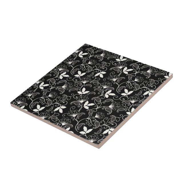 White Abstract Floral on Black Background Ceramic Tile (Side)
