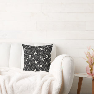 White Abstract Floral on Black Background Cushion